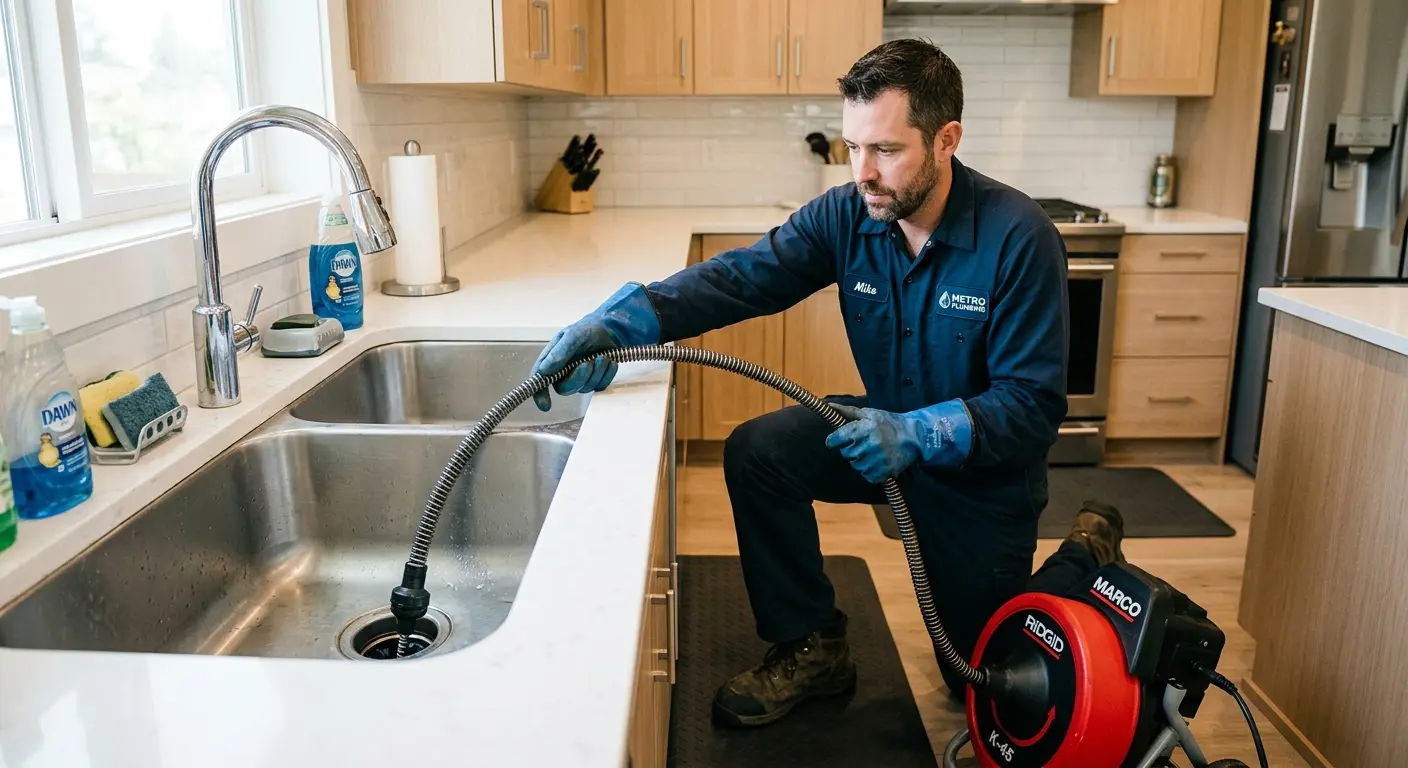 Drain cleaning technician using a motorized snake on a kitchen sink in Carmel